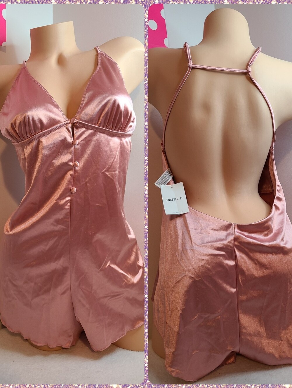 Forever 21 Silky Stretch Satin Open Back Button Front Sleep Romper Size XL